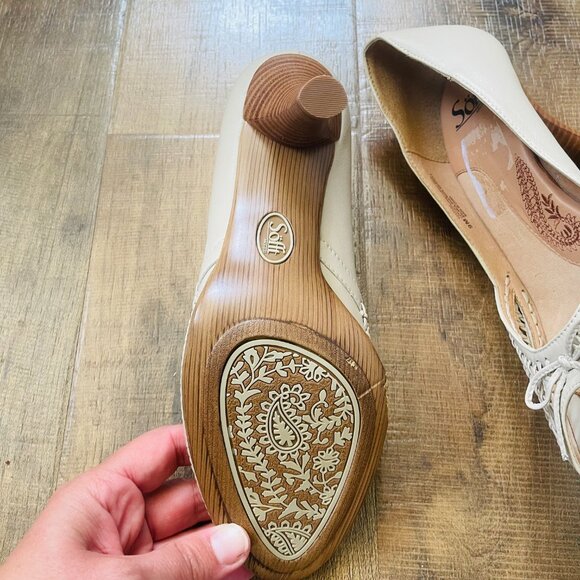 Söfft Leather Peep Toe Heels Size 9M | Woven Cutout Detail | Cream Beige Comfort - Picture 9 of 10